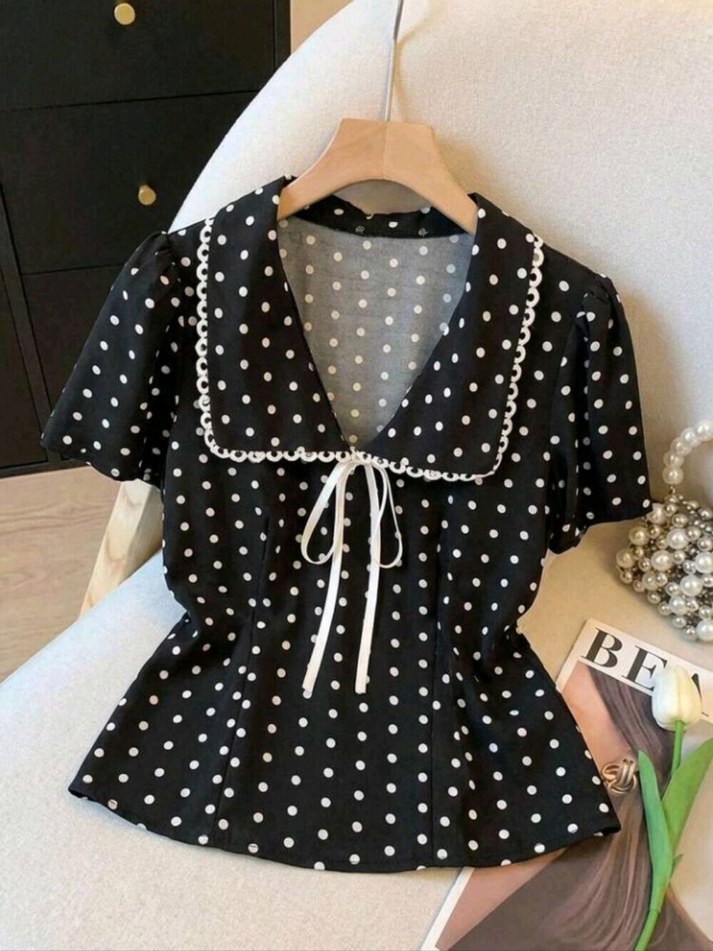 Women's 70s Retro Black And White Polka Dot Puff Sleeve Tie Collar Blouse